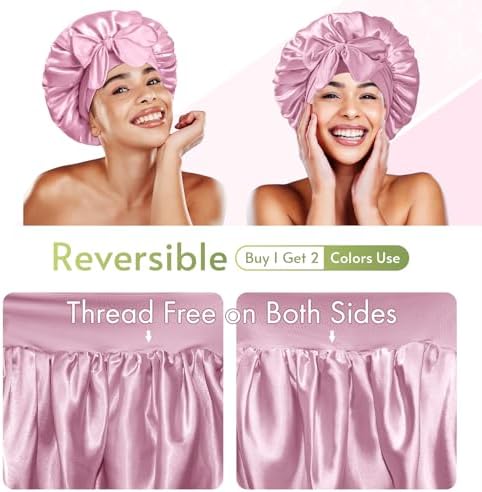 BONNET QUEEN Reversible Silk Satin Sleeping Bonnet for Women Double Layer Adjustable Curly Braids Wig Hair Night Sleep Hat Cap Tie Band M Rose - Image 2