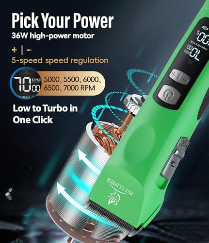 Professional Dog Grooming Clippers with 17H Runtime & Replaceable 440C Blade, 5-Speed Low Noise Electric Dog Shaver for Thick, Matted, Curly Hair, Cordless Clipper for Groomer & Home Use, Green - Image 3