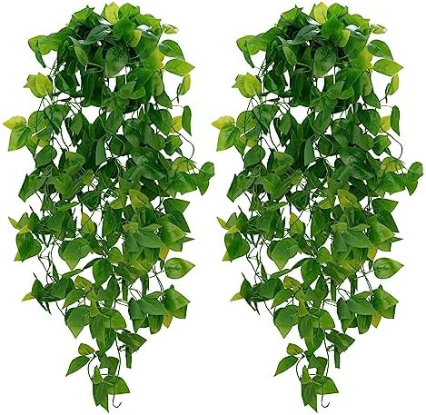 BLEUM CADE Fake Hanging Plants, 2pcs Artificial Pothos Vines Faux Plants Greenery for Wall Home Living Room Office Indoor Outdoor Decor (No Baskets) by BLEUMCADE