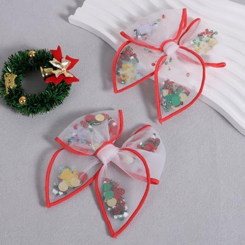 Christmas Bow for Girls Women 4in Red Elk Mesh Tulle Fable Hair Bow Alligator Clips for Teen Toddler Kids Xmas Holiday Party Dress Decor Accessory Gift Set of 2 - Image 2