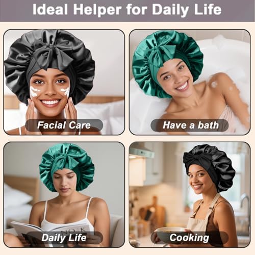 2Pcs Silk Hair Satin Bonnet for Sleeping Women,Large Satin Sleep Bonnets for Women with Elastic Tie Band Silk Hair Wrap with Ajustable Straps,Night Sleep Cap for Curly Braids,Black+Green - Image 6