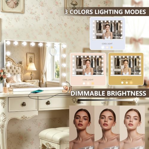 Ratsamee 26" x 20" Hollywood Vanity Mirror with Lights, 16 Dimmable Bulbs, 3 Color Lights,Make Up Lighted Mirror, Aluminum Metal Frame, USB Charging Port - Image 3