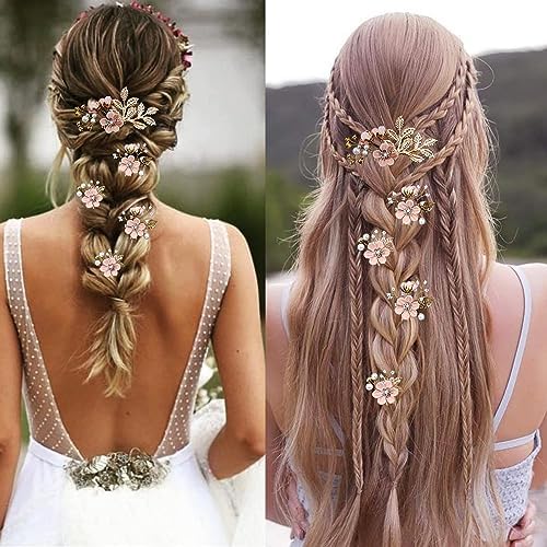 5 PCS Bridal Flower Wedding Hair Pins Crystal Pearl Hair Clips Headpiece Gold Wedding Hair Accessories Jewelry with Rhinestone for Brides Bridesmaids Women Girls Updo(Cherry Blossoms Pink) - Image 5