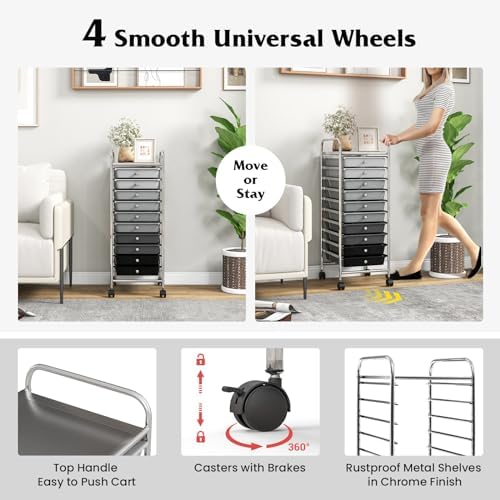 Giantex 10-Drawer Storage Cart w/Universal Wheel, Rolling Cart w/Handle, Home Organizer Storage Unit w/Removable Drawers, Trolley Utility Cart for Kitchen Makeup Living Room Office Play Room - Image 6
