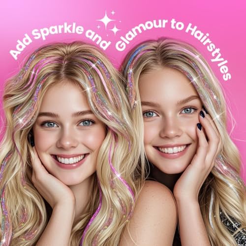 NIACONN Glitter Hair Tinsel Extensions Kit 18 Colors with Tools and Beads, 48 Inch Sparkly Fairy Colorful Tensile Strands Shiny Hair Accessories for Women Girls Kids - Image 5