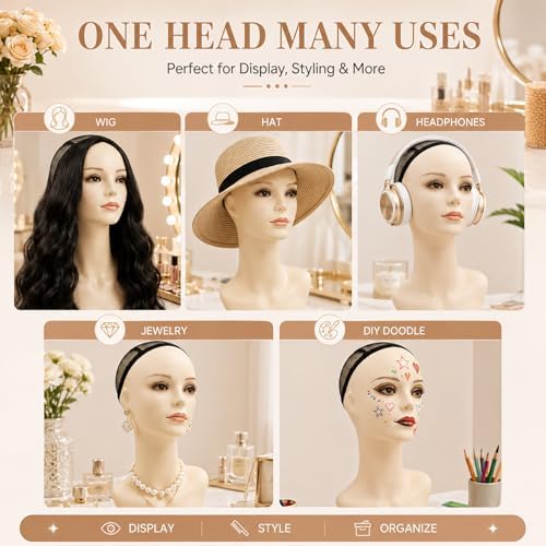 17-inch Female Mannequin Head Form with Eyelashes and Lips Display Stand for Wigs, Hats, Jewelry - Image 2