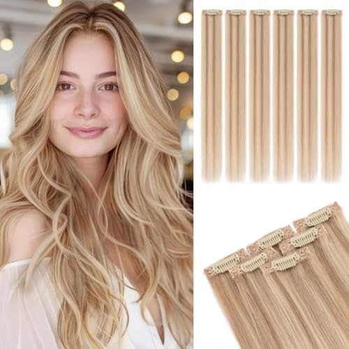 Rich Choices Real Human Hair Clip In Extensions-6 Pcs Single Clip Design-Invisible Clip in Extensions for Thin Hair-Hairpieces for Women/Men-14 Inches #12P613 Golden Brown Highlighted Bleach Blonde by RichChoices