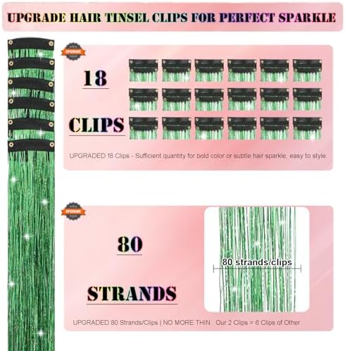 Hair Tinsel Kit 18 Pcs Hair Tinsel Clip in Fuller Sparkle, Heat Resistant Clip in Glitter Tinsel Hair Extensions Fairy Green Hair Accessories for Women Girls Daily Party Festival (Green) - Image 3