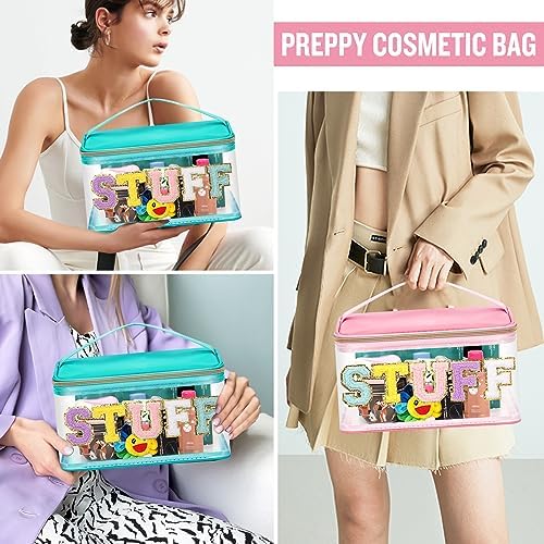 2 Pack Chenille Letter Clear Makeup Bags Stuff Pouch, Preppy Patch Makeup Bag Zipper with Handle, Pink Stuff Bags for Travel Nylon Waterproof Glitter Cosmetic Toiletry Storage for Women(Pink+Green) - Image 5