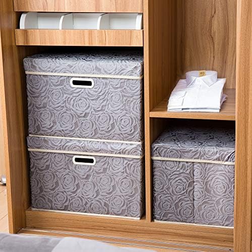 PRANDOM Larger Collapsible Storage Box with Lid [1-Pack] Fabric Decorative Storage Bin Cube Organizer Container Basket with Cover Handles for Bedroom Closet Living Room Gray 17.7x11.8x11.8 Inch - Image 3