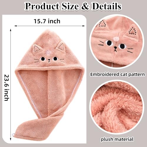 2Pack Microfiber Hair Towel Wrap for Kids, Cute Cat Absorbent Hair Drying Turbans Head Towels for Women Girls (Pink and Gray cat) - Image 3