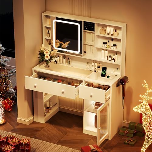 VINGLI Vanity Desk with Sliding Mirror and Lights, Glass Top Makeup Vanity Table w/Glass Cabinets w/Hidden Jewelry Storage & Power Outlets & Hairdryer Holder, 43in White Dressing Table Gifts Girls - Image 6