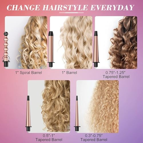 USTAR 5 in 1 Curling Wand for Long Hair, Interchangeable Ceramic Barrels 0.35-1.25 Inch, Dual Voltage Travel Curling Iron with Heat Resistant Glove 2 Clips, Hair Curler for Women Girls Gift - Image 2