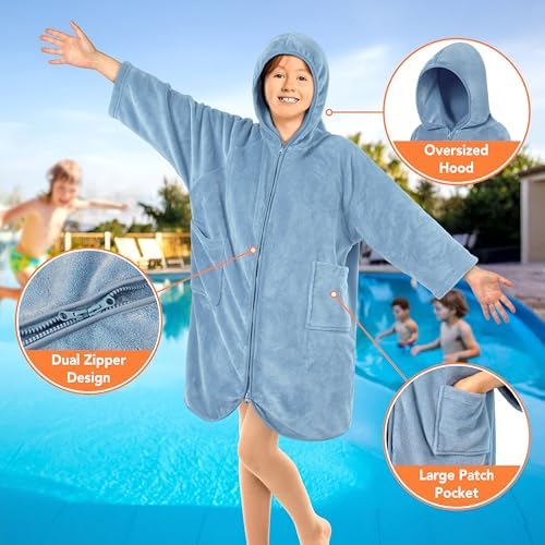 SUN CUBE Kids Hooded Towel Robe, Zip-Up Fleece Swim Cover Up, Ages 7-12 - Image 3