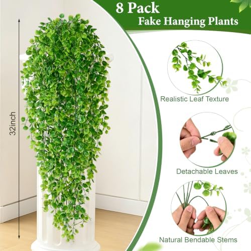 8Pcs Fake Hanging Plants, 32" Artificial Plants Eucalyptus Greenery Vines - Image 4