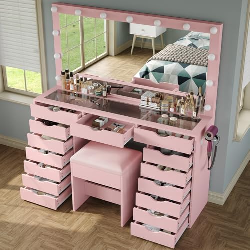 Yanosaku 15 Drawers Vanity Desk with Power Outlet, Makeup Table with Mirror and 13 LED Lights, 3 Color Lighting Modes, Brightness Adjustable, Glass Top Dressing Table, Vanity Set for Bedroom, Pink - Image 3