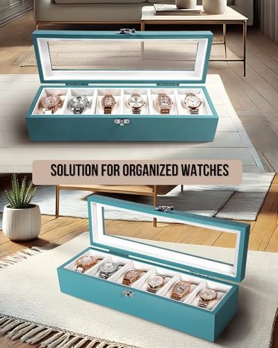 Watch Box, Watch Case for Men Women with Large Glass Lid, Wooden Watch Display Storage Box with 6 - Slots, Ocean Blue Mens Watch Box Organizer - Image 4