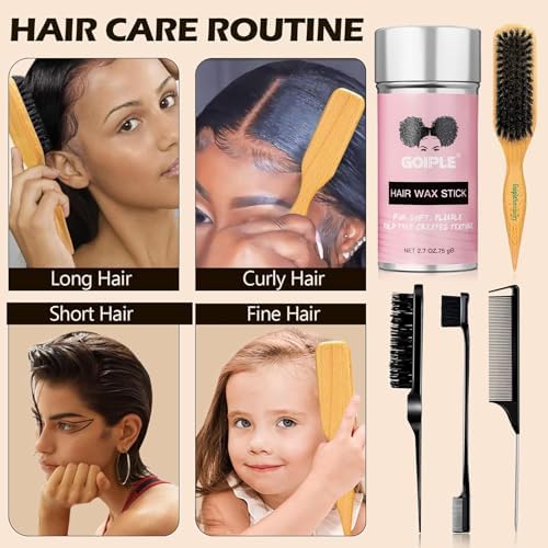 Slick Back Hair Brush Set Teasing Boar Bristle Brush, Hair Wax Stick, Edge Brushes, Rat Tail Comb, Teasing Comb, Wooden Slickback Hairbrush Accessories, Smoothing Combs for Women & Kids (5PCS) - Image 4