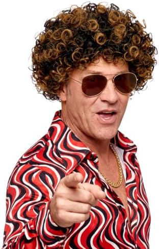Gejoy Mens Disco Costume Set, 70s Afro Wig Glasses Chain, Brown Black Hair - Image 4