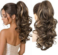 REECHO Ponytail Extension, 18" Clip in Ponytail Hair Extensions for Women, Short Wavy Synthetic Pony Tail Hairpiece for Daily Wear Cheer Dance-Chocolate Brown with Highlights by REECHO