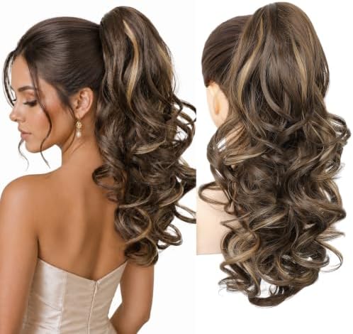 REECHO Ponytail Extension, 18" Clip in Ponytail Hair Extensions for Women, Short Wavy Synthetic Pony Tail Hairpiece for Daily Wear Cheer Dance-Chocolate Brown with Highlights by REECHO