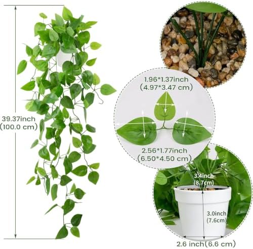 LOYWREE Small Fake Hanging Plant Artificial Potted Plants for Indoor Outdoor Aesthetic - 39in Realistic Faux Hanging Pothos with Ivy Vine for Shelf Decor in Home Office Gardens Greenery (White Pot) - Image 2