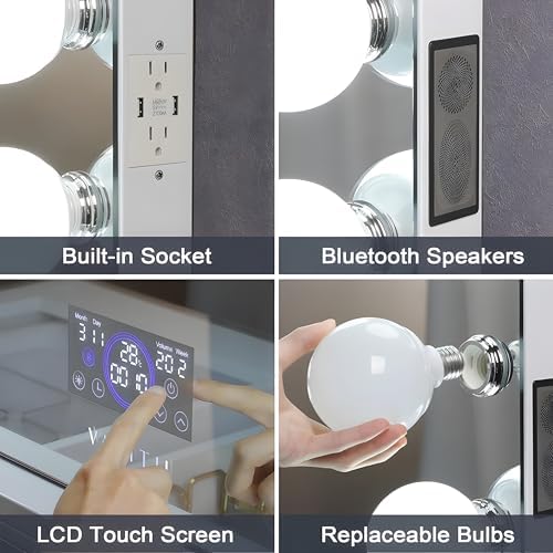 VANITII Large Hollywood Vanity Mirror with 14 Detachable Bulbs Lights and Bluetooth, 31.5''X27'' LCD Touch Screen Makeup Mirror with USB Charge Port - Image 3