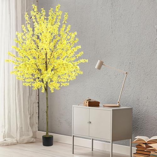 6Ft Tall Artificial Forsythia Tree, Fake Tree Faux Silk Plant with Plastic Nursery Pot,Artificial Plants for Home Office Indoor Decor(Yellow) - Image 4
