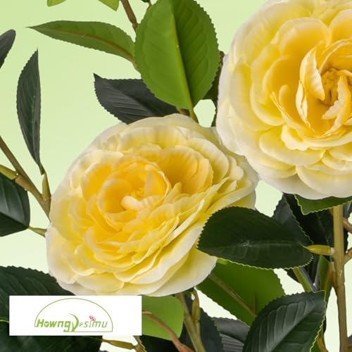 2 Pack Artificial Camellia Tree with White Pot, 24" Faux Potted Plants for Indoor Outdoor Decor, Tall Silk Greenery Plant for Home Office Living Room Balcony, Yellow - Image 2