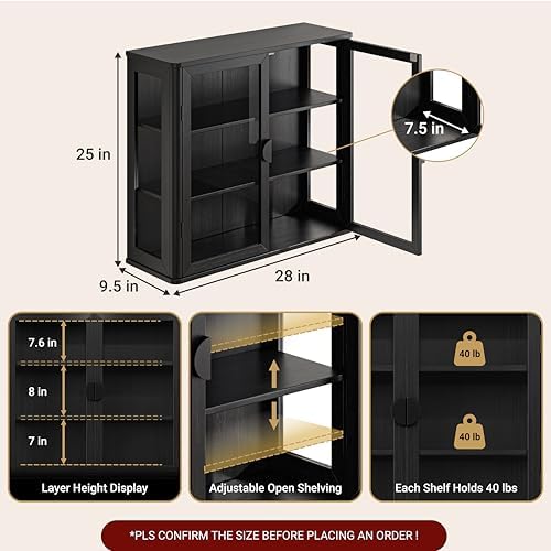 FIMELLO 28’’W Wall Cabinet with Tempered Glass Doors, Bathroom Cabinet Wall Mount, Kitchen Wall Cabinet, Floating Cabinet for Bathroom, Wall Mount Salon Station for Barber, Beauty, Black - Image 2