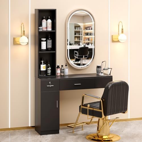 mefeir Wall Mount Hair Styling Barber Station Beauty Hair Salon Spa Equipment Set with 3 Tier Shelf, Lockable Drawer & Cabinet, Easy Assembled (Black) by mefeir