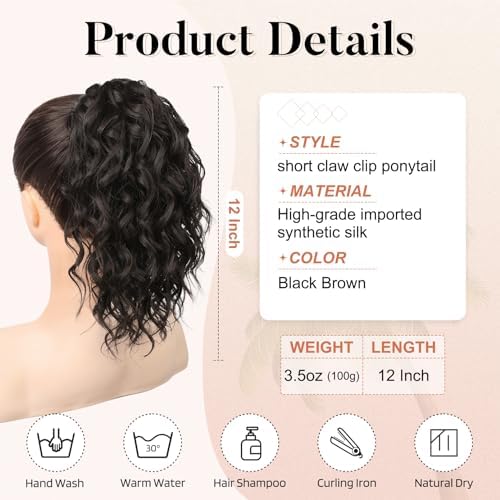 Flufymooz Ponytail Extension, 12" Short Claw Ponytail Extension Wavy Curly Jaw Clip in Pony tails Hair Extension Natural Synthetic Hairpiece for Women (Black Brown) - Image 3