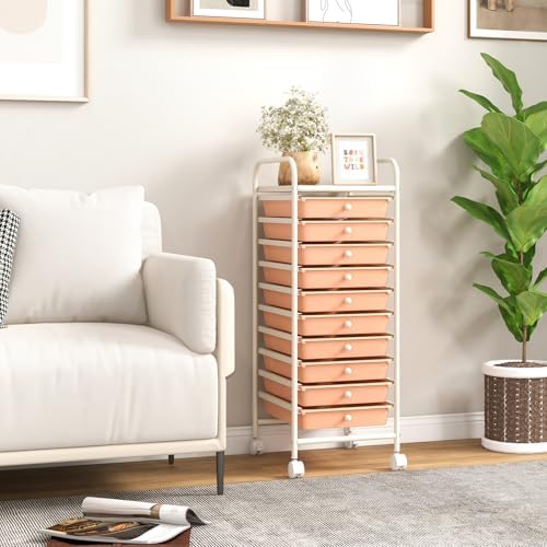 Giantex 10-Drawer Storage Cart w/Universal Wheel, Rolling Cart w/Handle, Home Organizer Storage Unit w/Removable Drawers, Trolley Utility Cart for Kitchen Makeup Living Room Office Play Room - Image 5
