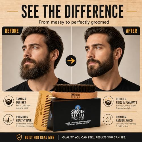 Beard Brush and Comb - Natural Boar Bristle Beard Brush & Beard Comb for Men - Facial Hair Care Gift Set for Men - Mustache Styling, Grooming & Shaping Tools - Image 4