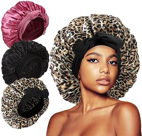 3Pcs Bonnets for Sleeping, Extra Satin Silk Bonnet for Sleeping Women with Tie Band for Curly Hair Jumbo Bonnet Braids by KAFTERI