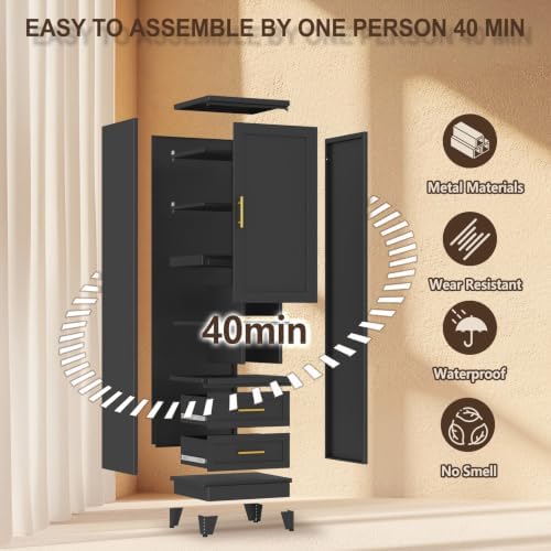 67" Tall Metal Pantry Cabinet, Narrow Freestanding Storage Cabinet, Black - Image 7