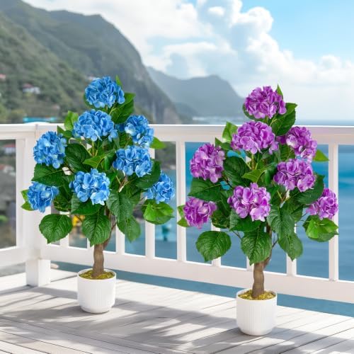 Artificial Hydrangea Tree 2 Pack, 3FT Faux Hydrangea Plant in Pot with Purple Flowers, Greenery Potted Plant for Indoor Outdoor Office Home Porch Decor, Purple - Image 7