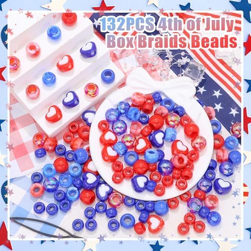 NAISKA 132PCS 4th of July Hair Beads Royal Blue Red Beads for Hair Patriotic Bead Sets 10 Styles Loc Pony Bead Independence Day Hair Accessories for Kids Girls - Image 2