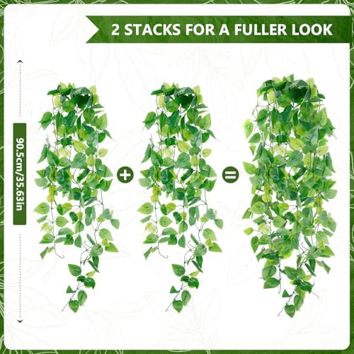 2-Pack Fake Hanging Plants, Faux Hanging Plant Artificial Greenery for Living Room Bedroom Boho Wall Shelf Indoor Outdoor Decor (Green Pothos Ivy Vines) - Image 3