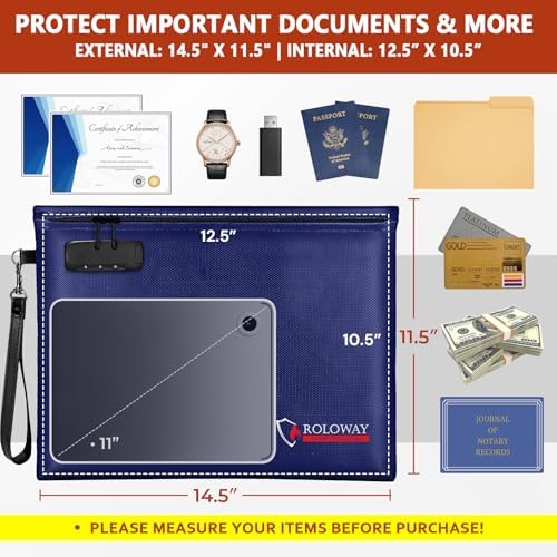 ROLOWAY Fireproof Document Bag (14.5 x 11.5 inch), 6400℉ Fireproof Money Bag with Zipper for Cash, Fire Safe Money Pouch with Lock (Blue) - Image 2