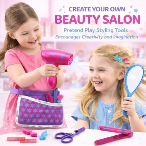 Beauty Hair Stylist Set - Boutique Beauty Salon Fashion Pretend Play Set for Girls with Toy Blow Dryer, Curler, Scissors, Comb, Mirror & Other Styling Tools - Image 2