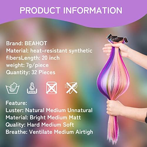 BEAHOT 32 PCS Clip in Colored Hair Extensions, 20 Inch Rainbow Hairpieces - Image 4