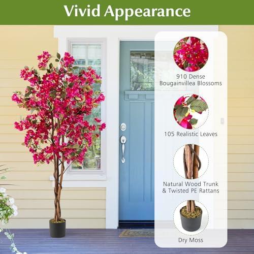 Goplus 6 FT Bougainvillea Artificial Tree, 2 Pack Faux Flower Tree in Pot with 910 Flowers, 105 Leaves, Real Wood Trunk, Tall Fake Floor Plant, Artificial Plants for Indoor Bedroom Living Room Decor - Image 6