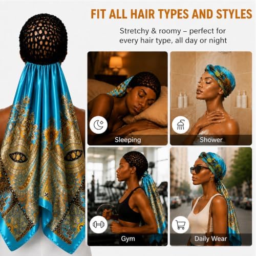 2 in 1 Wrap Cap Hair Net and Scarf for Silk Press, Satin Wrap Cap Bonnet for Women, Adjustable Stay-On Sleep Hair Net Scarf for All Hair Types - Image 5