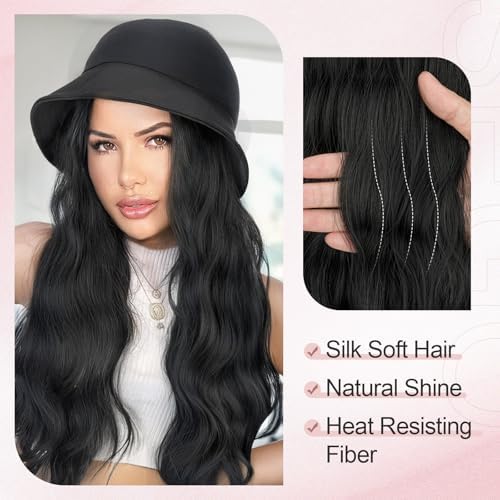 SEGO Cap with Hair Attached for Women Bucket Hat Wig Long Natural Wavy Hair Extensions With Hat Heat Resistant Synthetic Fiber Extensions 18 Inch 1B Natural Black - Image 2