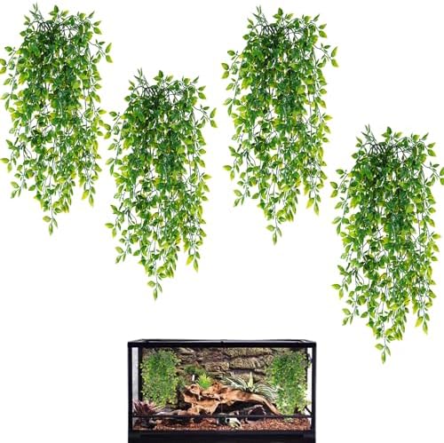 HERCOCCI Reptile Plants, 4 Pack Terrarium Hanging Plants Vines Artificial Leaves Habitat Decorations with Suction Cup for Bearded Dragon Hermit Crab Lizard Snake Geckos Chameleon by HERCOCCI