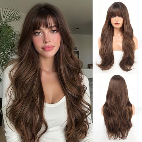 HAIRCUBE Long Wig with Bangs Layered Curly Wigs for Women Natural Synthetic Wigs for Daily Use (#4/27 pelucas de cabello natural) by HAIRCUBE
