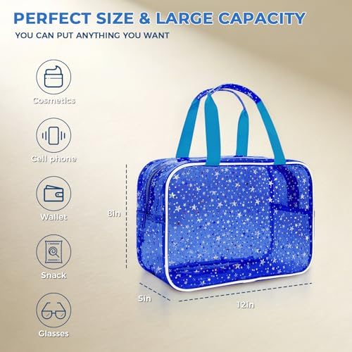 Clear Deep Blue Star Large Makeup Bag with Star Pattern (12x5x8 inches), Travel Cosmetic Bag with Handle, Durable PVC Material, Zipper Opening Design—Ideal for Makeup Travel Organization or Gym Use - Image 2