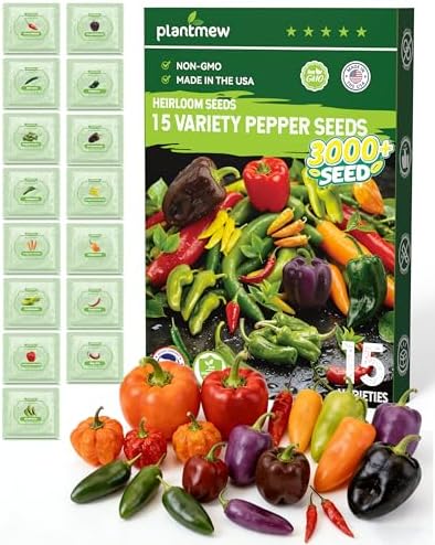 3000+ Pepper Seeds Collection - 15 Varieties Non-GMO Hot & Sweet Seeds for Planting: Cayenne, Cubanelle, Habanero, Poblano, Serrano, Big Jim & Bell for Garden by PLANTMEW