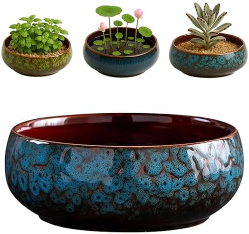 Oncpcare Lotus Bowl Planter – Glazed Ceramic Water Plant Pot for Indoor Outdoor Use, Shallow Hydroponic Vase for Lotus Seeds, Succulents, Bonsai, Water Lily Arrangement (Blue) by Oncpcare